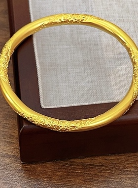 金店同款沙金古法祥云纹纳福传承手镯女斜卷草纹闭口手环新中式礼