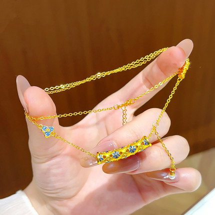 复古沙金珐琅彩弯管御青瓷珍珠项链镂空花丝路路通锁骨链女新中式