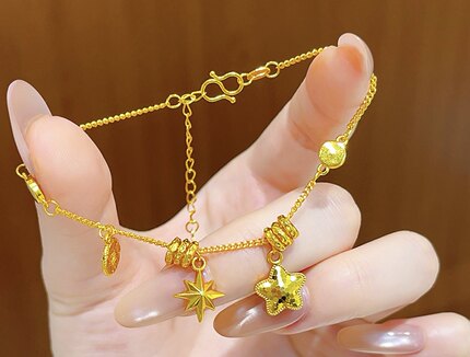 沙金碎碎冰小星星跑环铜钱盘缠流苏手链项链套装新中式送女友礼物