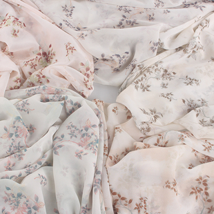 新款珍珠雪纺印花布料复古小碎花连衣裙吊带裙垂感好单层薄透面料