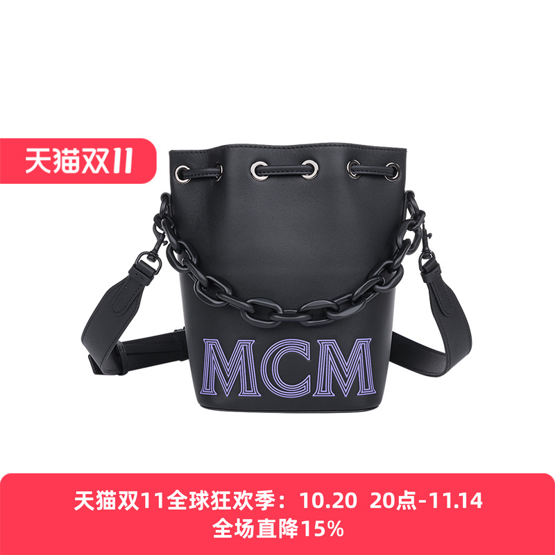 MCM女士单肩斜挎包抽绳水桶包
