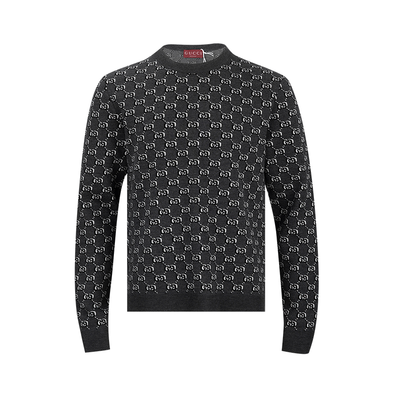 GUCCI古驰男士Logo印花圆领套头直筒羊毛长袖毛衣男春秋