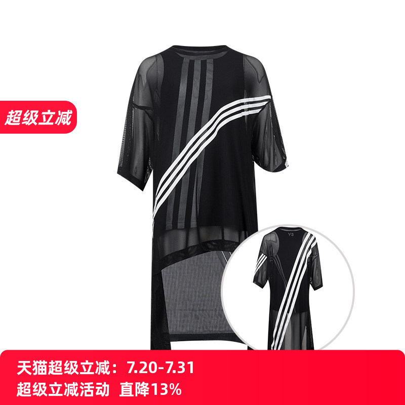 Y-3女士条纹双层式运动短袖T恤春夏降价