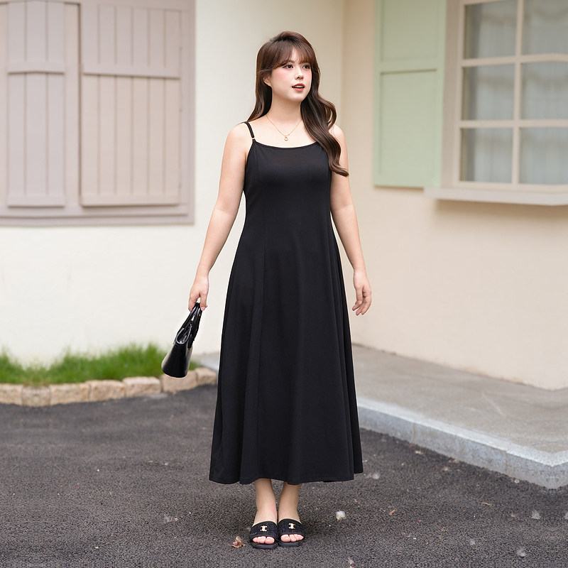 慕翎大码女装黑色吊带连衣裙女胖MM通勤风A字显瘦高级感长裙夏