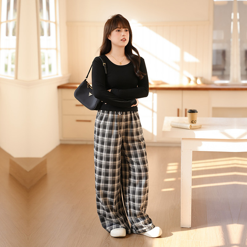 慕翎大码女装慵懒风格纹阔腿裤套装胖妹妹夏季显瘦遮肉休闲两件套