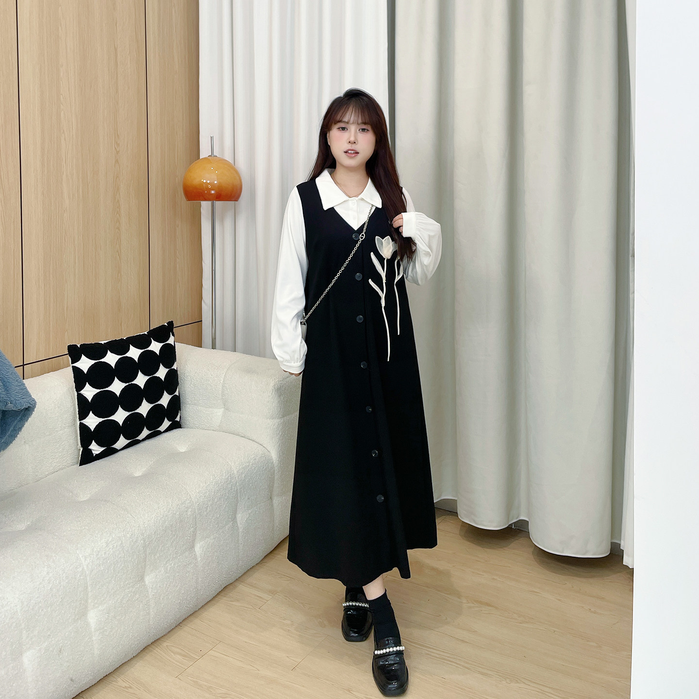 慕翎大码女装胖mm假两件连衣裙女2025新款衬衫显瘦拼接假两件长裙