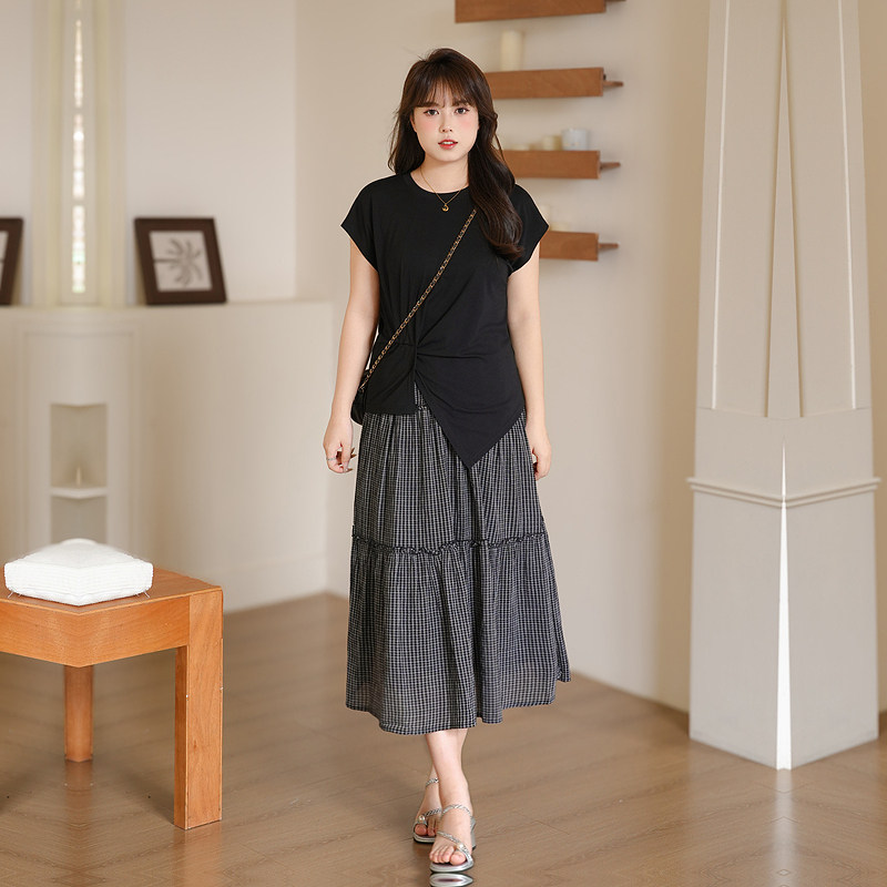慕翎大码女装韩版通勤两件套夏季不规则荷叶边A字裙气质显瘦套装
