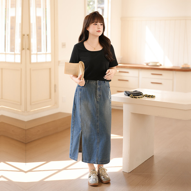 慕翎大码女装显瘦T恤套装胖MM夏季显瘦开叉半身裙两件套时尚简约