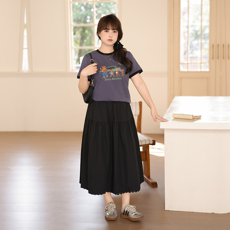 慕翎大码女装夏季卡通印花T恤A字裙套装胖妹妹mm高腰显瘦通勤穿搭