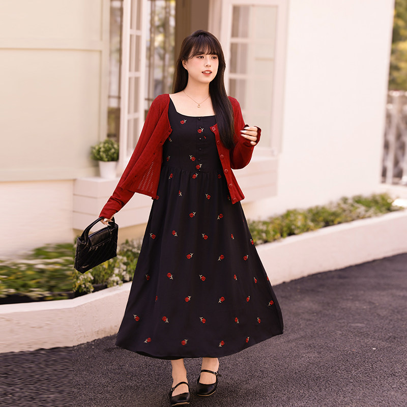 慕翎大码女装樱桃印花小衫两件套胖妹妹mm通勤A字背心裙显瘦套装