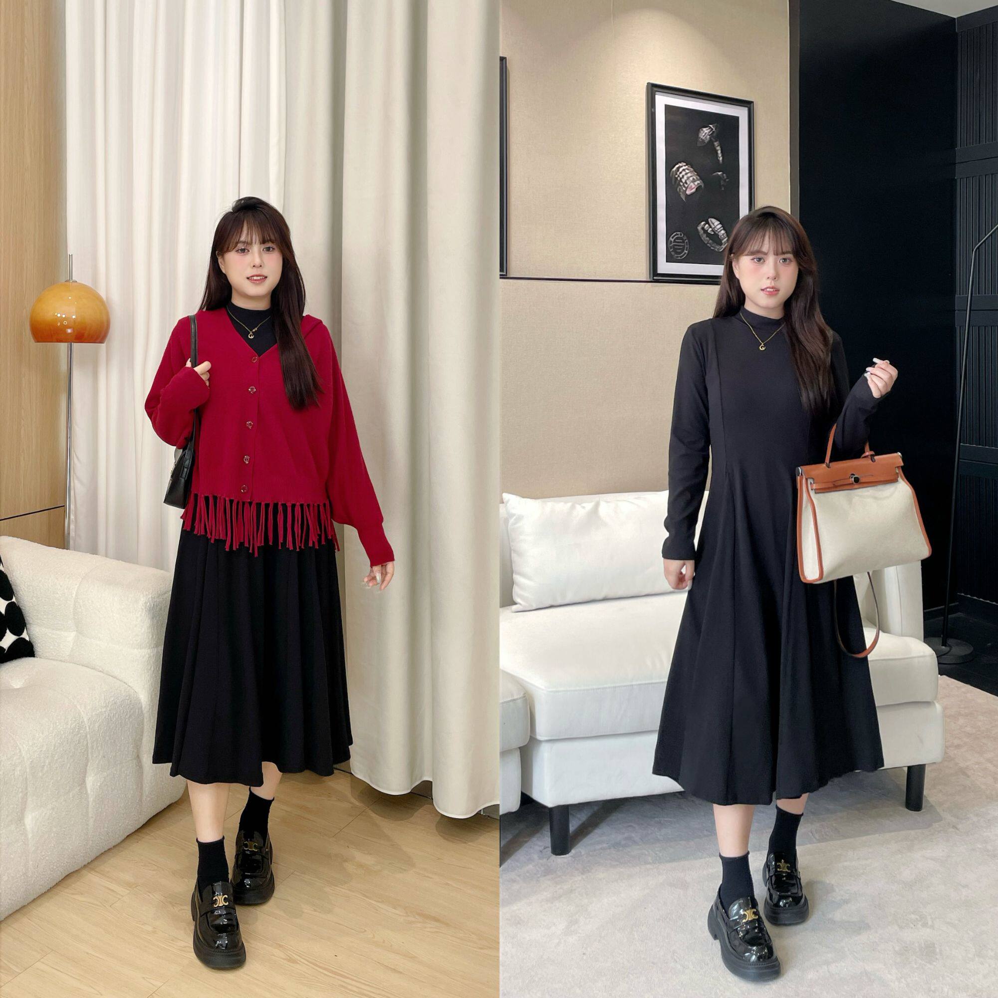 慕翎大码女装2025秋冬款胖mm穿搭一整套流苏针织开衫+修身打底裙