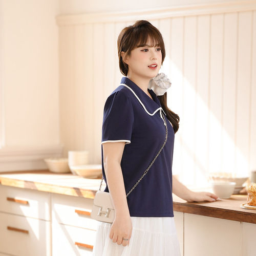 大码女装通勤风polo领短袖T恤女夏季胖MM藏蓝色显瘦百搭减龄上衣