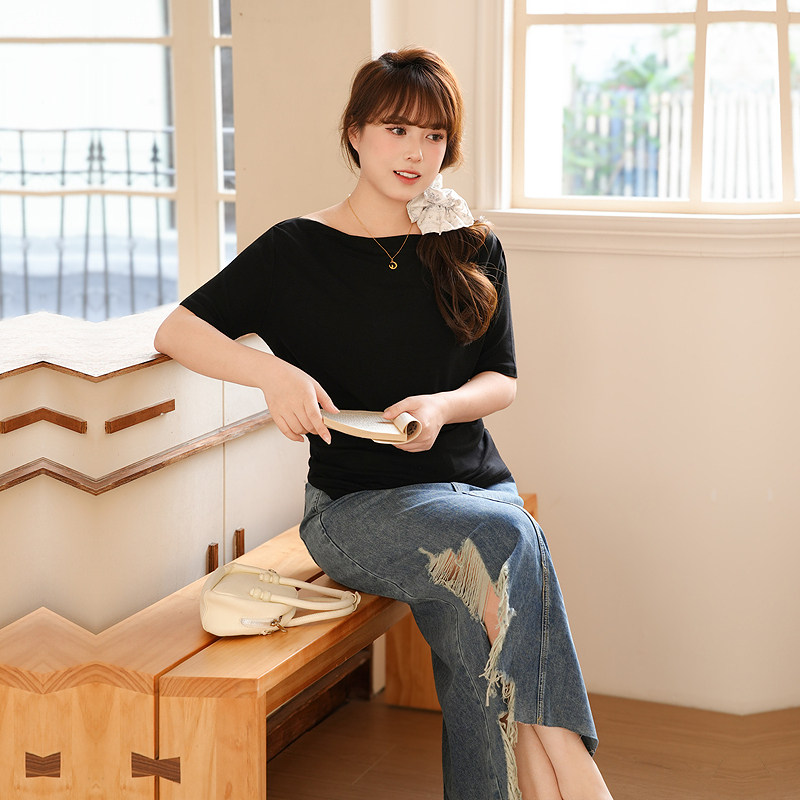 慕翎大码女装夏季韩版通勤显瘦两件套胖MM黑色上衣牛仔半身裙套装