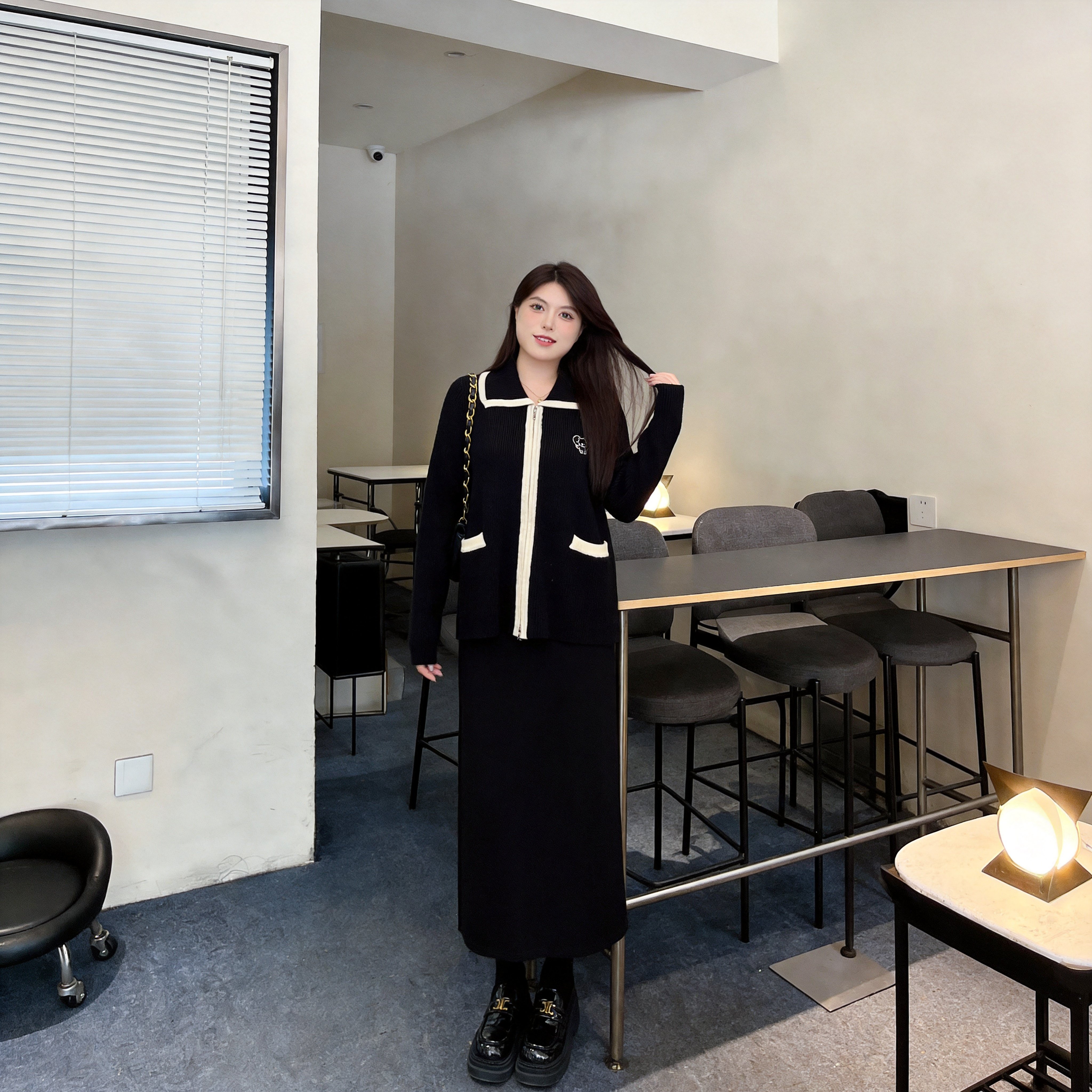 慕翎大码女装小香风套装女秋冬撞色翻领外套半身裙两件套高级感