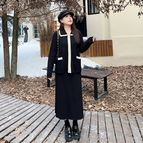 慕翎大码女装小香风套装女秋冬撞色翻领外套半身裙两件套高级感