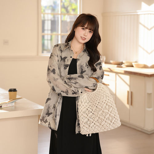 慕翎大码女装设计感蝴蝶印花长袖衬衫胖MM通勤防晒开衫外套上衣夏