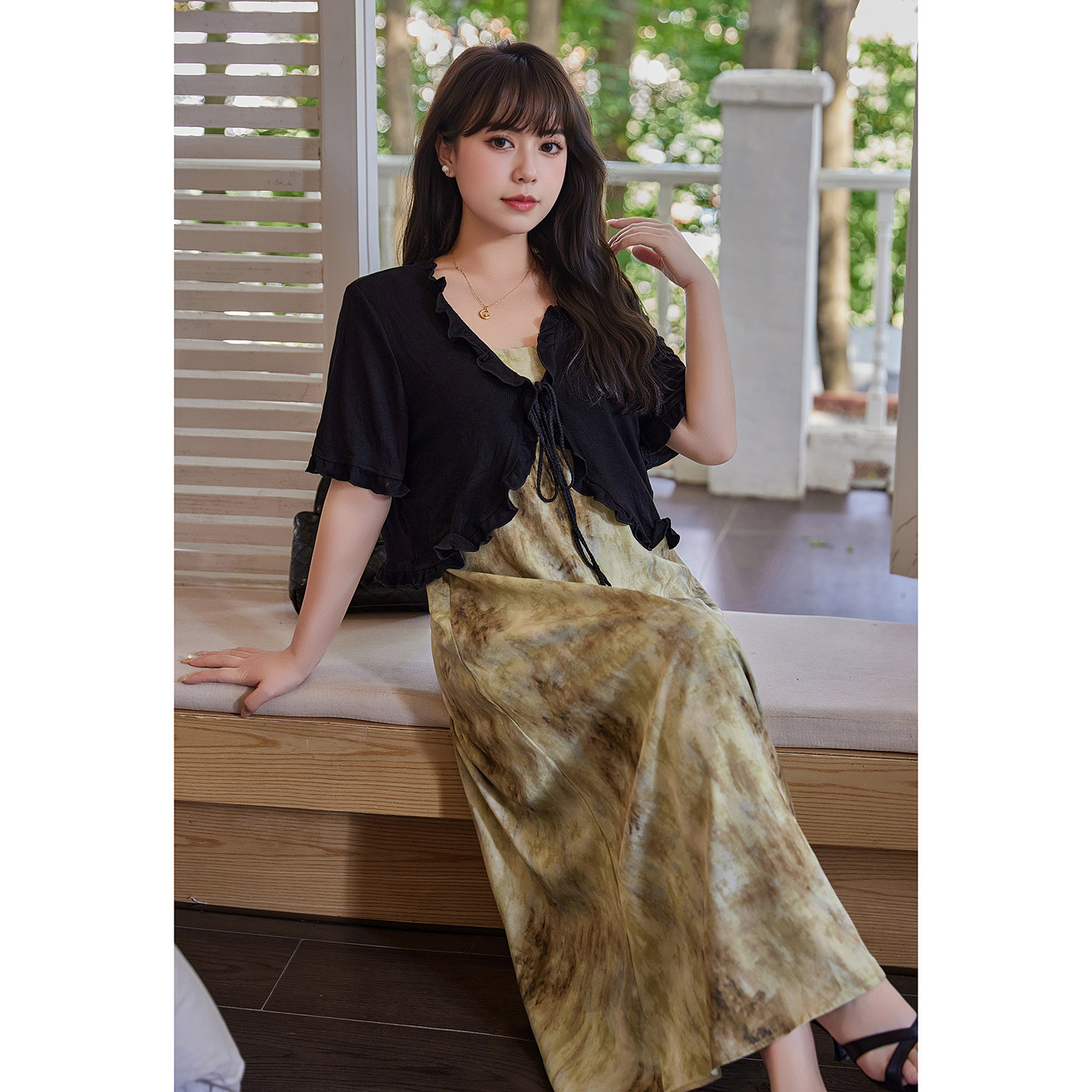 慕翎大码女装新中式复古扎染吊带裙夏装胖MM百搭透气开衫显瘦套装
