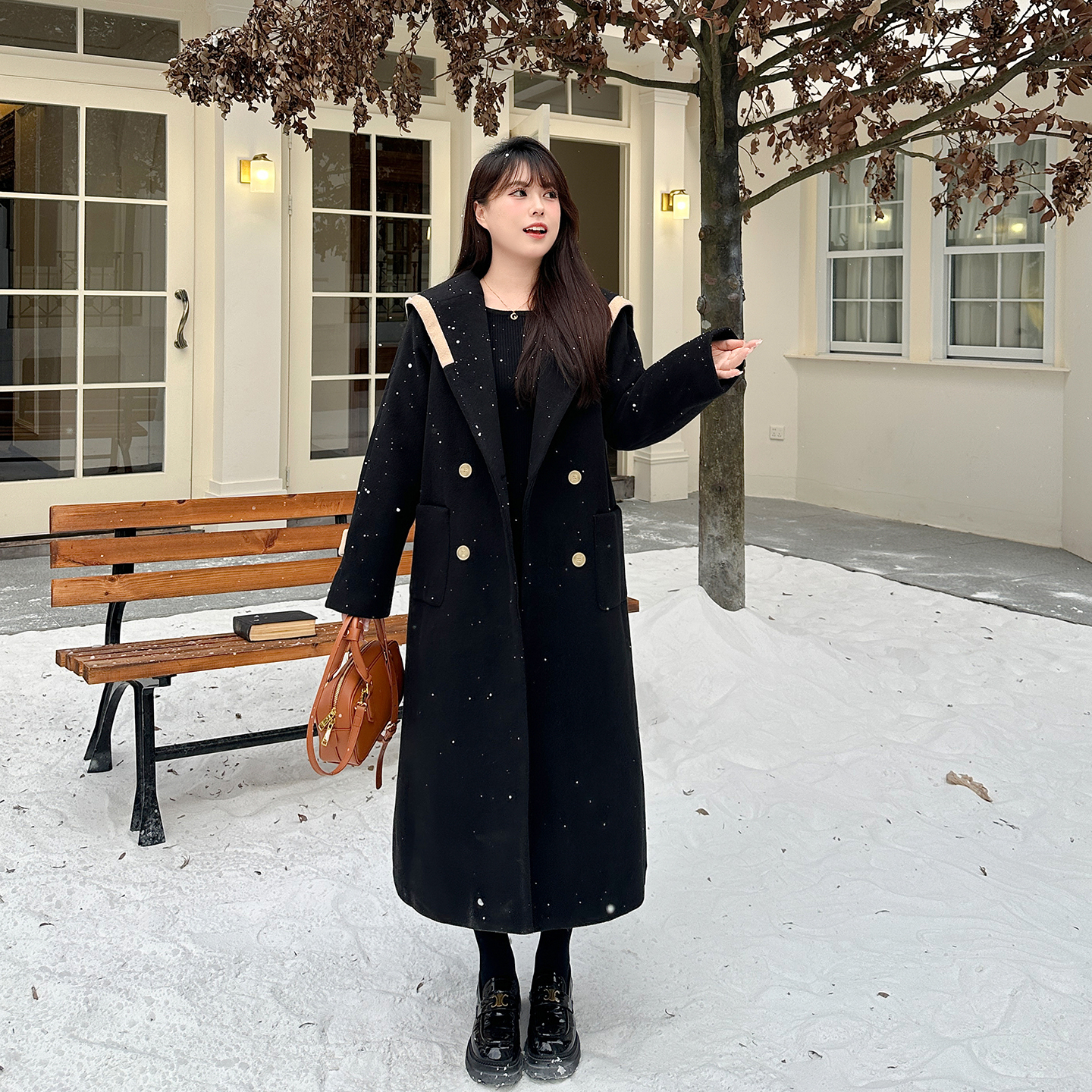 慕翎大码女装黑色毛呢大衣女中长款双排扣金扣高级感温柔风外套