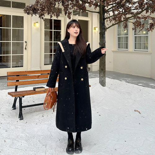 慕翎大码女装黑色毛呢大衣女中长款双排扣金扣高级感温柔风外套
