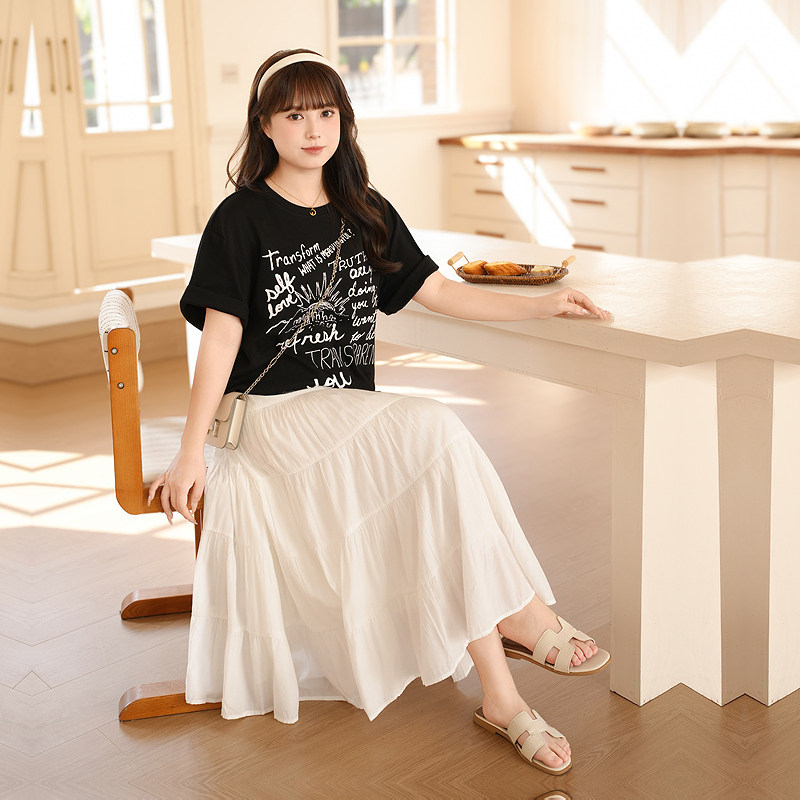 慕翎大码女装印花T恤显瘦A字裙套装胖MM夏季显瘦遮肉通勤两件套