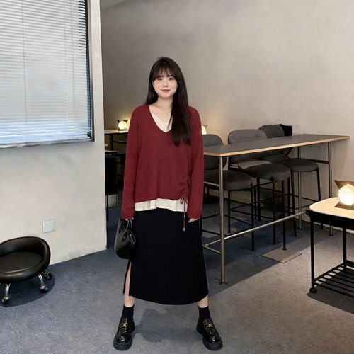 慕翎大码女装2026秋冬新款胖mm显瘦假两件抽绳针织上衣洋气休闲