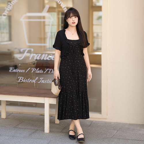 慕翎大码女装法式碎花方领两件套胖妹妹mm遮肉显瘦A字长裙套装夏