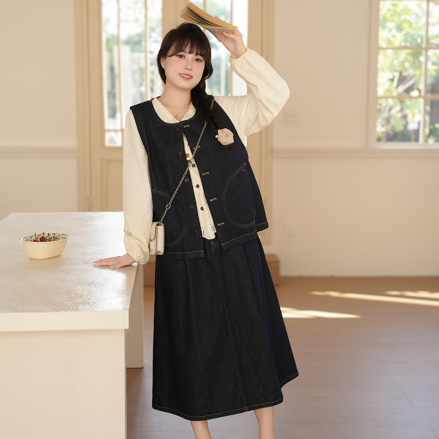 慕翎大码女装日系复古牛仔马甲A字裙两件套女通勤遮肉显瘦套装,女装/女士精品,大码套装,淘宝优惠券,粉丝福利购,淘宝优惠卷