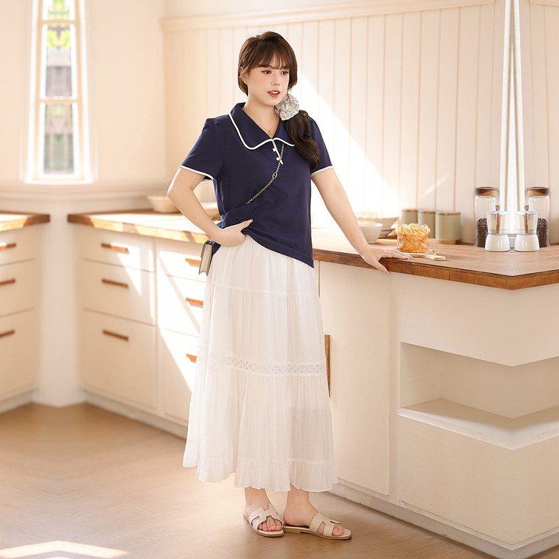 慕翎大码女装韩版POLO领两件套女胖妹妹mm夏季显瘦A字裙套装通勤