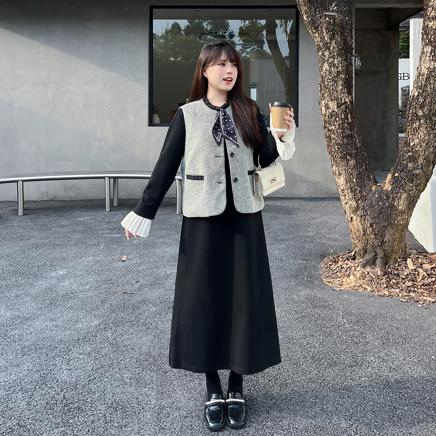 慕翎大码女装小香风马甲连衣裙套装女秋冬胖mm显瘦气质两件套