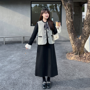慕翎大码女装小香风马甲连衣裙套装女秋冬胖mm显瘦气质两件套