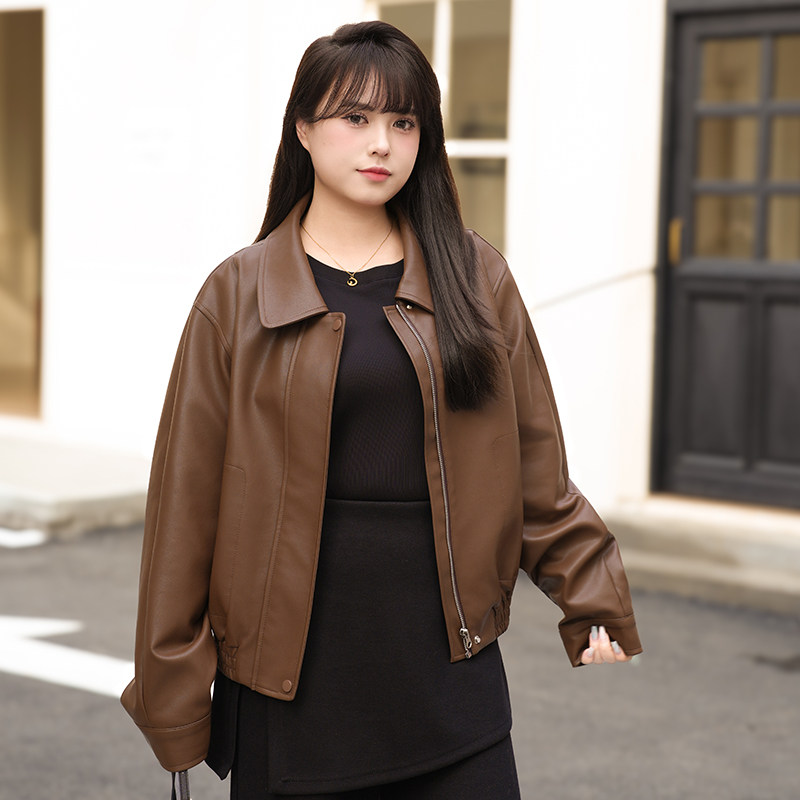 慕翎大码女装胖妹妹MM美拉德咖色皮衣外套短款机车夹克高级感外套
