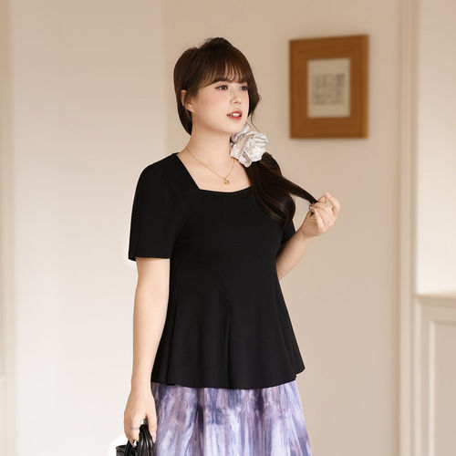 慕翎大码女装温柔风方领短袖T恤女夏季胖MM通勤显瘦遮肚百搭上衣