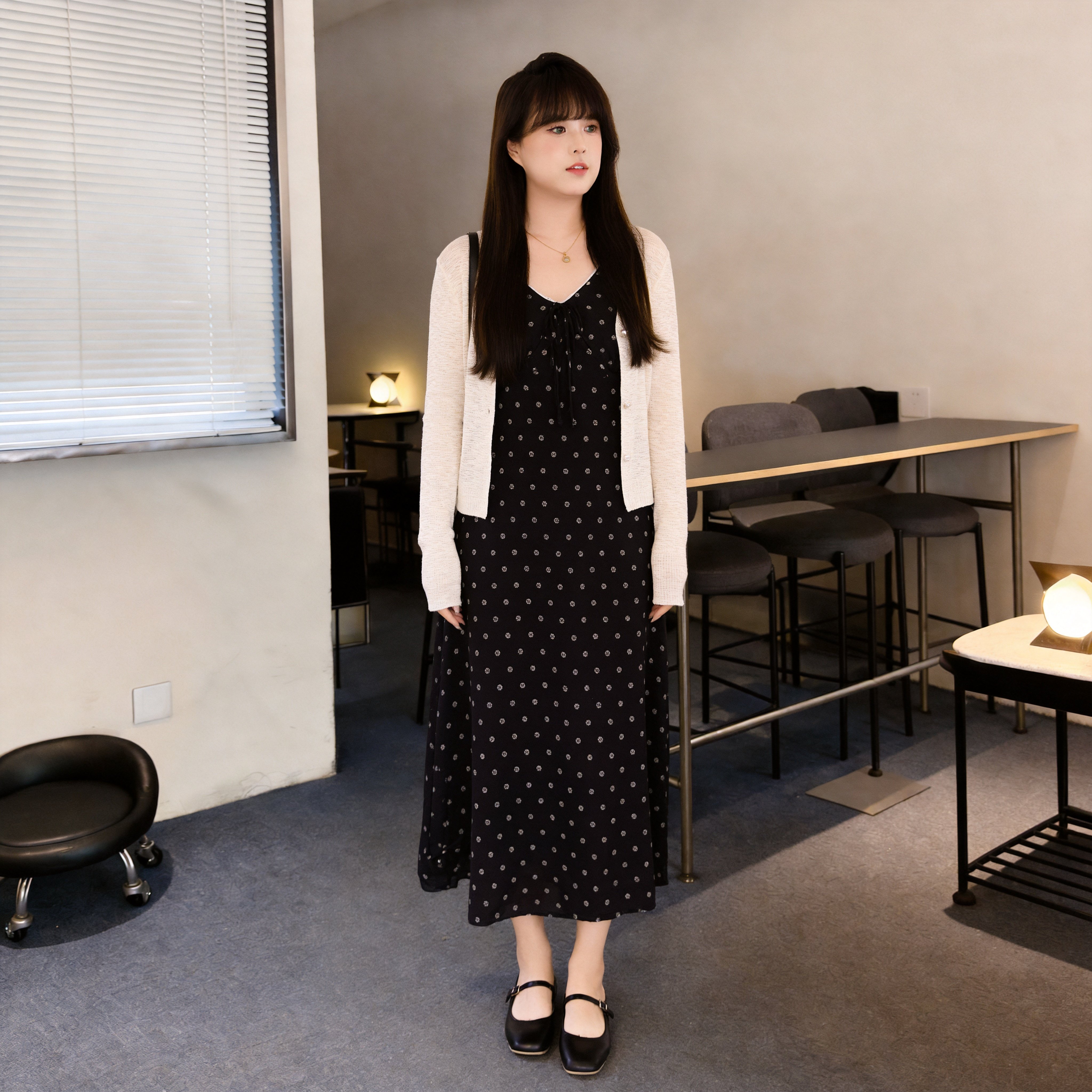 慕翎大码女装波点裙两件套胖妹妹mm遮肉显瘦V领长裙开衫套装秋装
