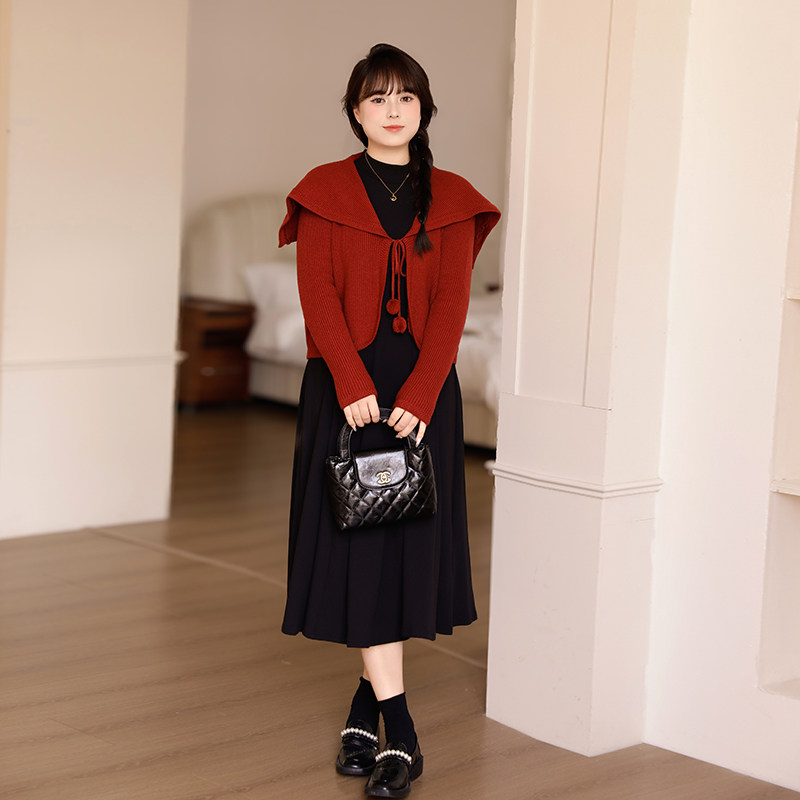 慕翎大码女装红色针织开衫两件套胖妹妹mm气质通勤套装高级感春装