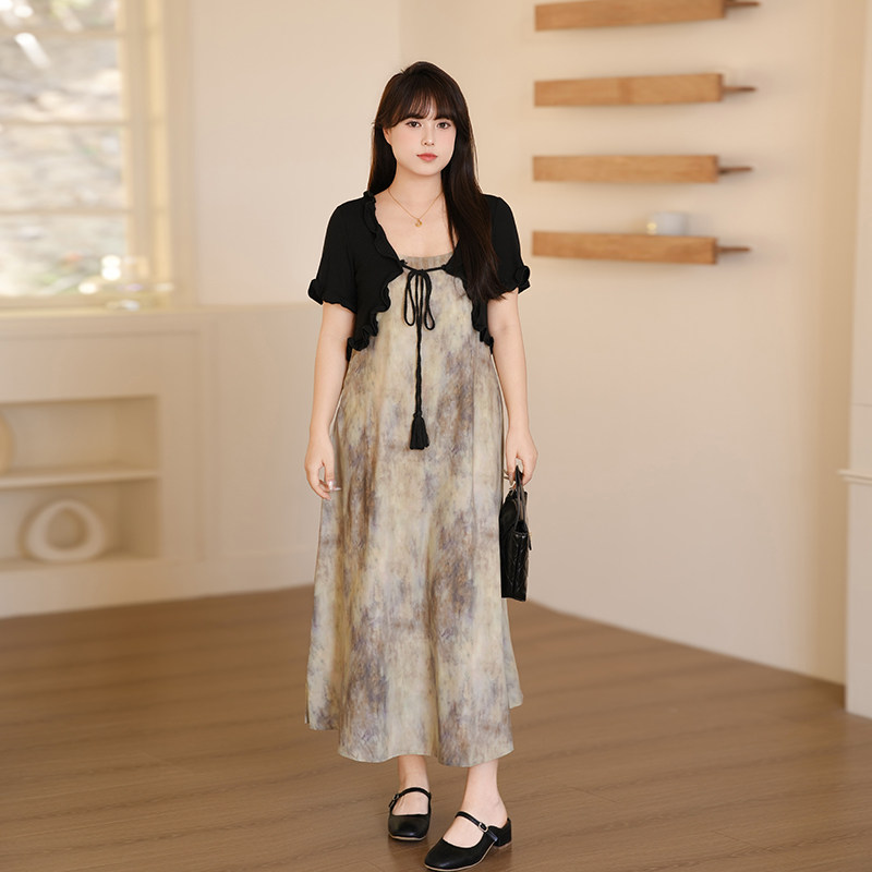 慕翎大码套装扎染吊带裙开衫两件套胖mm显瘦通勤温柔慵懒风套装夏