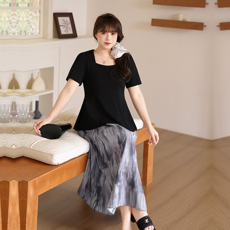 慕翎大码女装韩版通勤两件套女夏2026新款黑色上衣半身裙显瘦套装