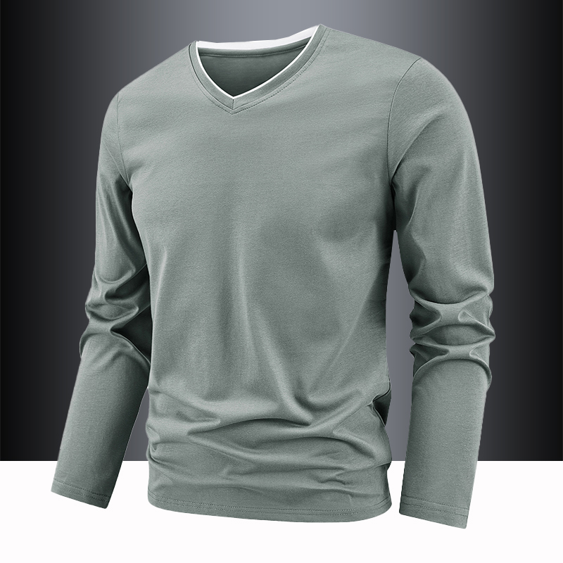 纯棉长袖t恤男V领打底衫宽松透气