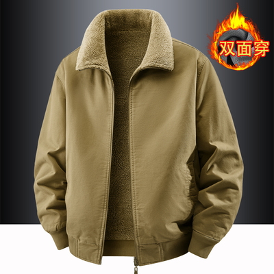 双面穿棉服男款冬季加绒翻领外套