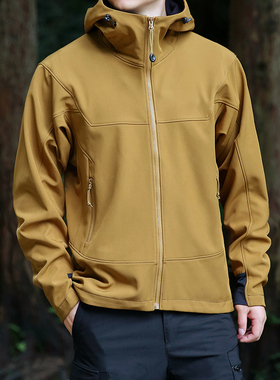 男士软壳衣春秋季冲锋衣户外防风防水摇粒绒夹克连帽抓绒运动外套