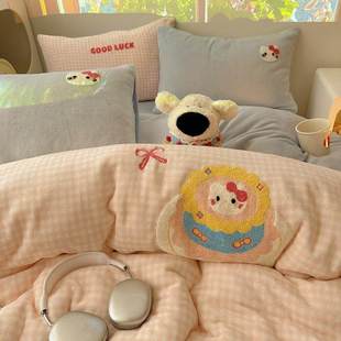 可爱毛巾绣双面牛奶绒床上四件套冬季加厚被套床单珊瑚绒面三件套