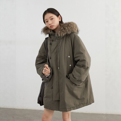 真貉子白鸭绒可拆毛领工装羽绒服