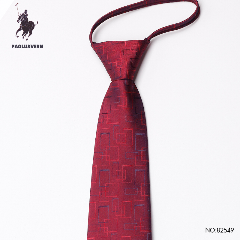 PAOLU&VERN保罗酒红色图案免打结婚礼新郎伴郎暗红领带男士拉链款