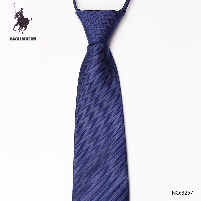 PAOLUVERN保罗领带深蓝色粗条纹男士拉链款商务正装8cm宽免打结婚