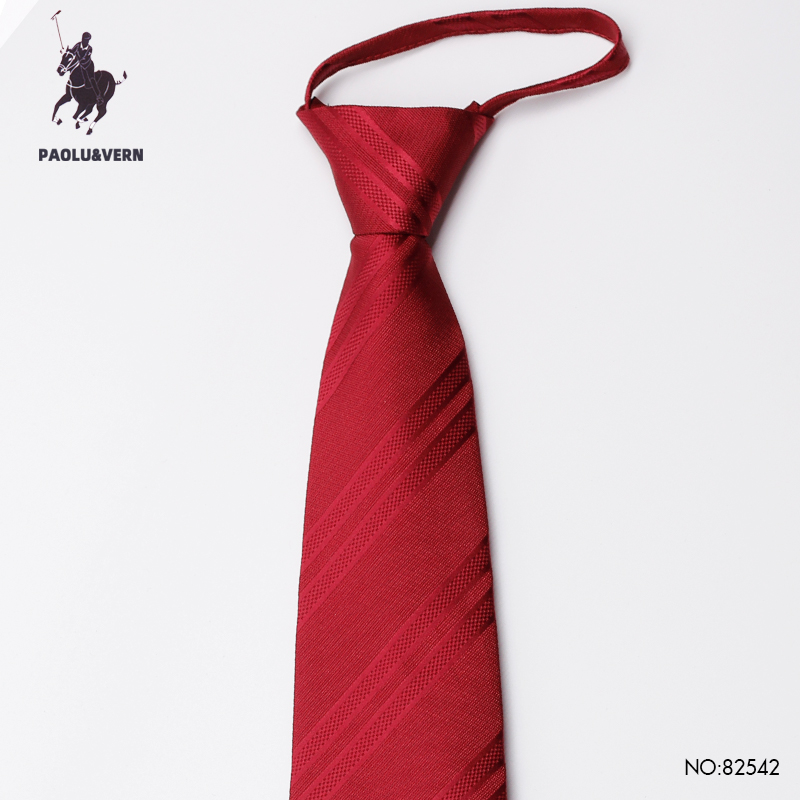 PAOLU&VERN保罗双条纹酒红色免打结婚礼新郎伴郎红领带男士拉链款