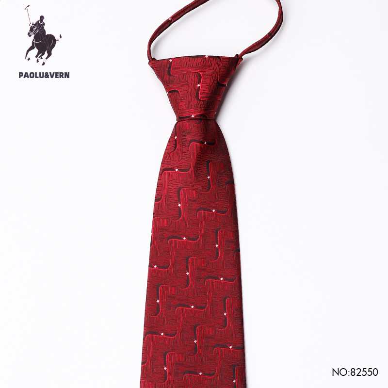 PAOLU&VERN保罗波纹酒红色免打结婚礼新郎伴郎暗红领带男士拉链款