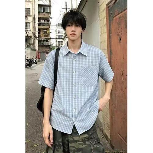 UNRETRO美式学院风古巴领格纹短袖衬衫女夏宽松叠穿休闲上衣帅气