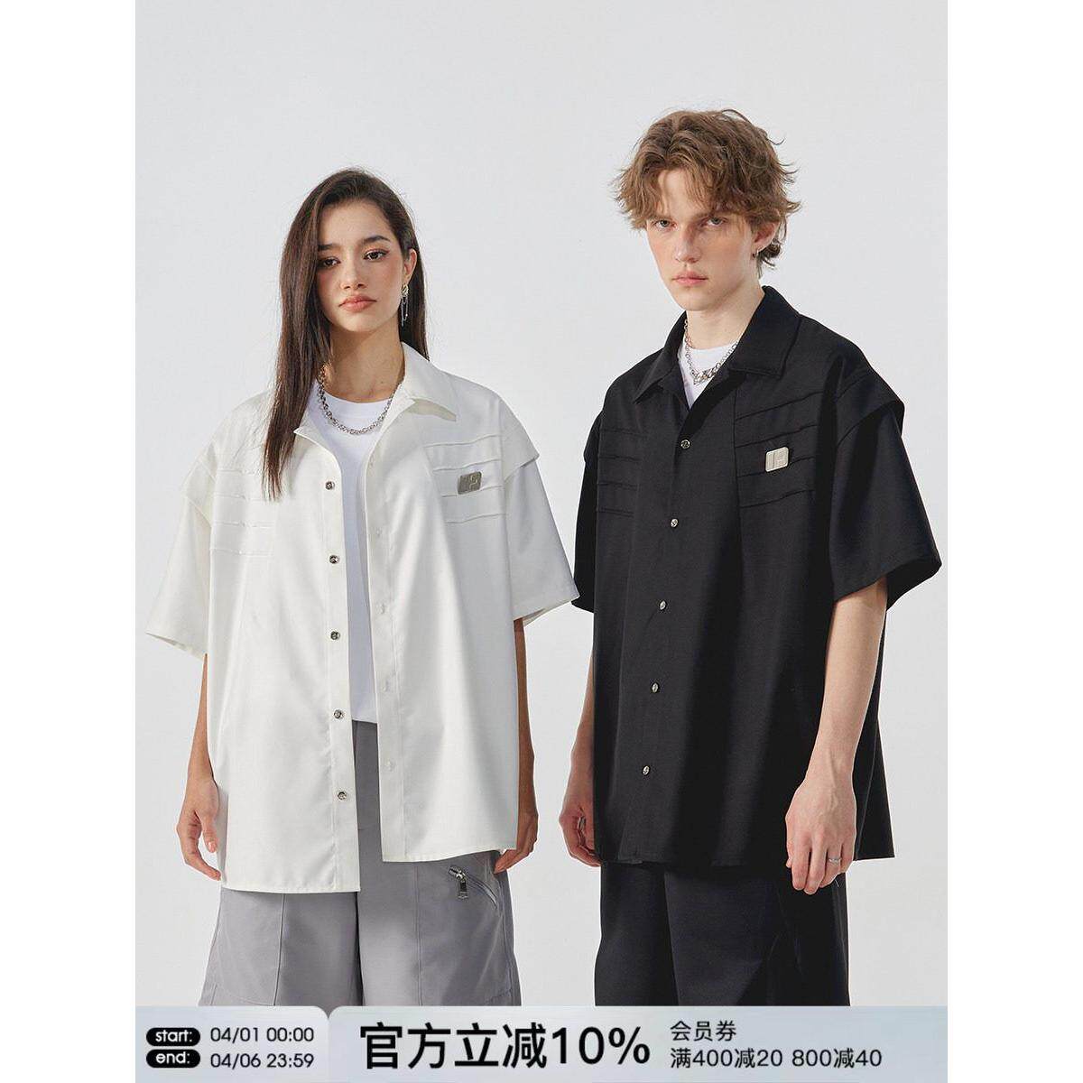 Face小众解构压褶设计感衬衫男女夏季短袖潮牌美式白色半截袖