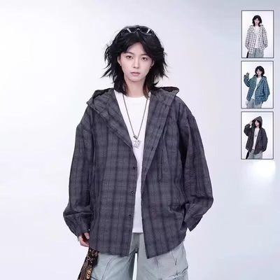 蓝色长袖防晒衣男女款夏季美式复古格子衬衫户外轻薄连帽情侣外套