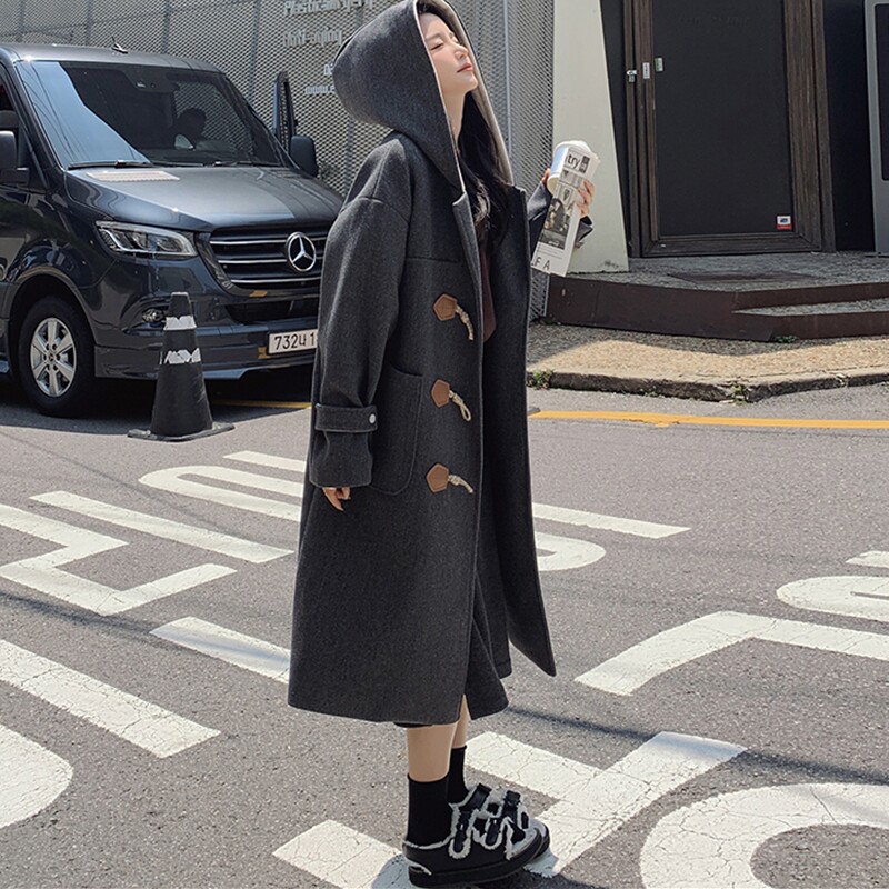大码女装牛角扣毛呢外套女中长款冬季新款夹棉胖mm羊毛韩系呢大衣