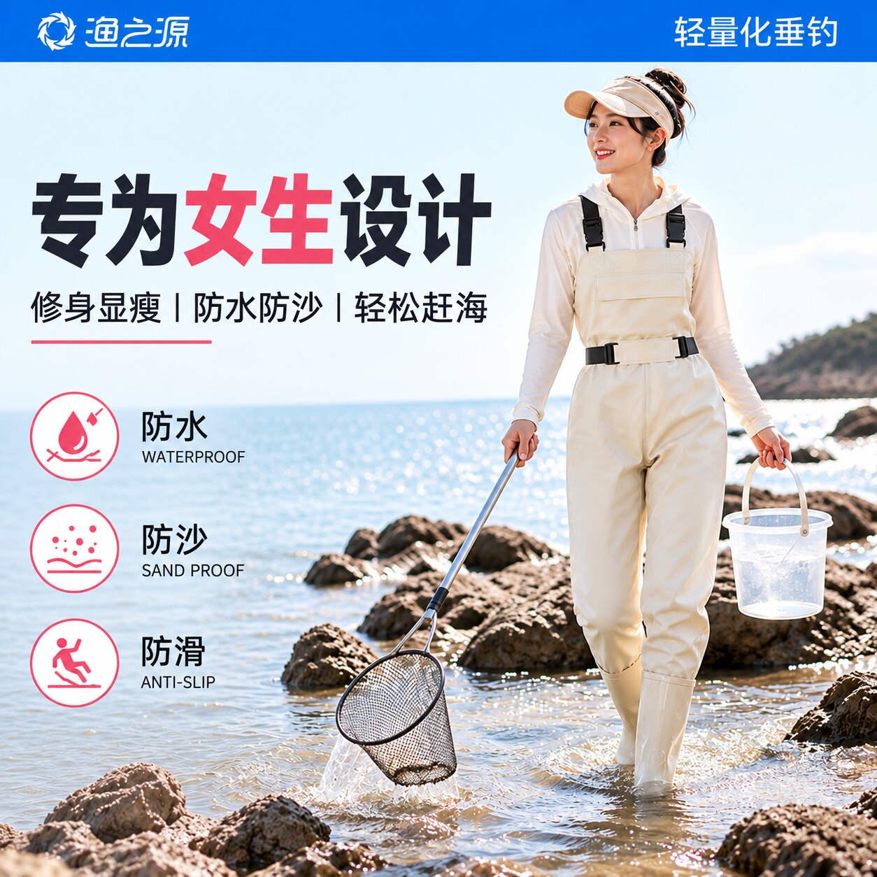 渔之源女士涉水裤赶海防水裤女钓鱼服溯溪一体靴防滑耐磨女生专用